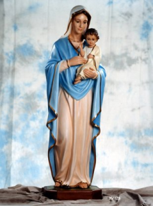 Statua Madonna con Bambino cm. 125 con occhi di cristallo in vetroresina vuota.