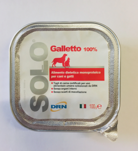 Alimento umido monoproteico
 SOLO DRN 100% Galletto
 Confezione da 100 gr