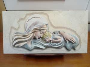 Capoletto-Capezzale sacro su tavola legno raffigurante Madonna con Bambino 