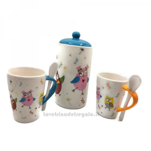 Barattolo Gufo e 2 Tazze Mug con cucchiaino in ceramica - Idea Regalo