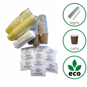  Kit accessori caffe' ecologico monouso 450 bicchierini zucchero palette legno bio