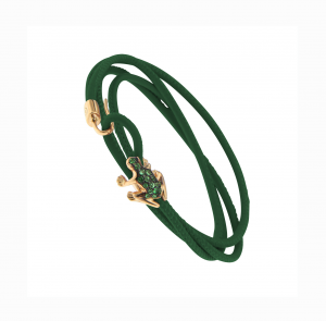 Leather bracelet, rose gold and emeralds