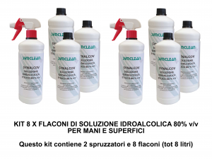 KIT 8 FLACONI SOLUZIONE IDROALCOLICA ETILICO 80% v/v SYNALCOV - detergente senza risciacquo per mani, superfici e strumenti di lavoro