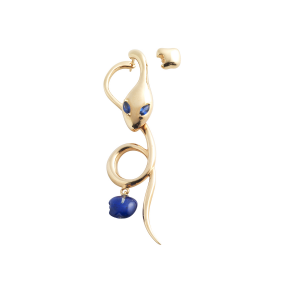 Long single earring in rose gold, lapis and blue sapphires