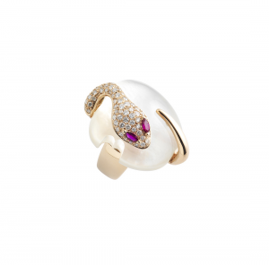 Ring in rose gold, diamonds, motherpearl and rubies