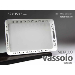 Gicos Vassoio Rettangolare in Metallo Bianco Con Bordino Decorato e Manici 52x35xh5 cm