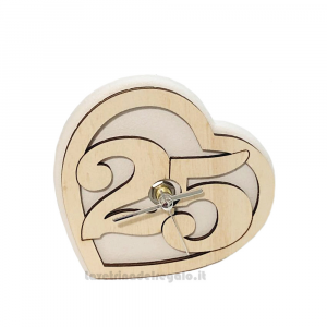 Orologio da tavolo Cuore Nozze d'Argento in legno 12x12 cm - Made in Italy - Bomboniera nozze d'argento