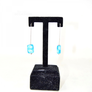 Silver Earrings With Stone Glass Light Blue Flower White