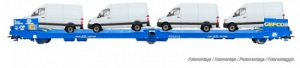 Electrotren (H0 1:87) GEFCO, blue 3-axle flat van transporter, matriculated in the fleet of the SNCF, loaded with 4 white vans, period V-VI