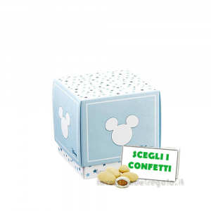 Scatola cubo Portaconfetti celeste Bomboniera Battesimo Bimbo Mickey Mouse Stars 5x5x5 cm