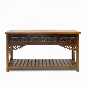 Consolle in legno di teak con tre cassetti intagliati