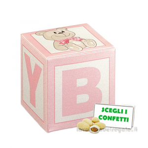 Scatola cubo Portaconfetti rosa Bomboniera Battesimo Bimba Dado con orsetto 10x10x10 cm