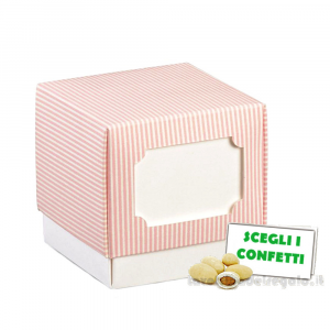 Scatola cubo Portaconfetti rosa Bomboniera Bimba Fleur Mille Righe con tasca 9x9x9 cm