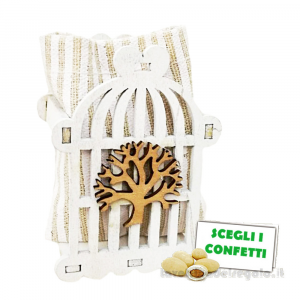 Portaconfetti bianco Bomboniera Gabbietta in legno con sacchetto 5.5x3.5x8 cm