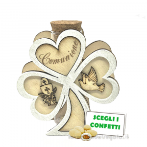 Portaconfetti Bomboniera Comunione Trifoglio in legno con Calice e Provetta 8x9 cm