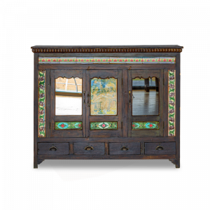 Buffet antico indiano in legno di teak con piastrelle e vetro dipinto