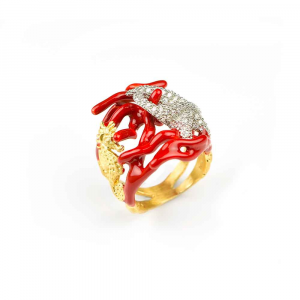Anello con coralli e stella marina in argento, smalto rosso, zirconi