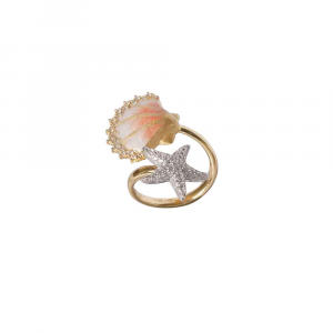 Anello design conchiglia e stella marina in argento, smalto e zirconi