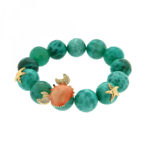 Silver bracelet with green agate marbles and enamel crab