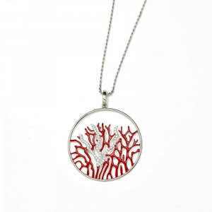 Catena in argento con pendente ramo di corallo in smalto e zirconi