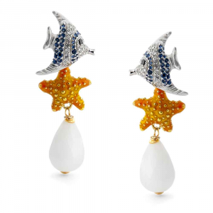 Orecchini pendenti in argento con animali marini in zirconi, smalto e goccia di agata bianca