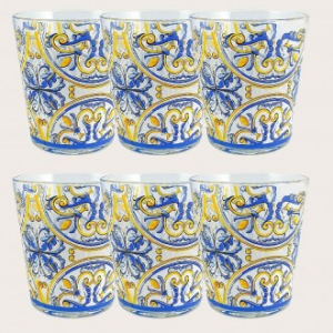 Confezione Set da 6 Bicchieri Da Acqua Decorato Vietri Con Decorazioni Blu Gialle In Vetro Casa Cucina