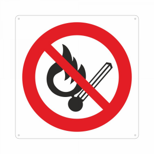 Cartello con simbolo vietato fumare e usare fiamme libere