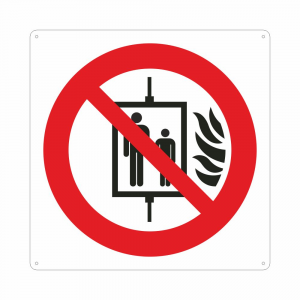 Cartello con simbolo vietato usare l'ascensore in caso di incendio