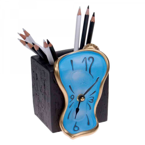 Orologio da tavolo azzurro portamatite in resina decorata a mano 