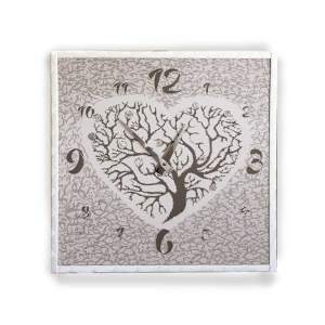 Orologio da parete cornice ecopelle crema albero cuore 15 glitter argento 57x57