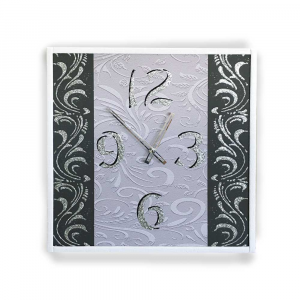 Orologio da parete cornice ecopelle bianca floreale 18 glitter argento nero 57x57