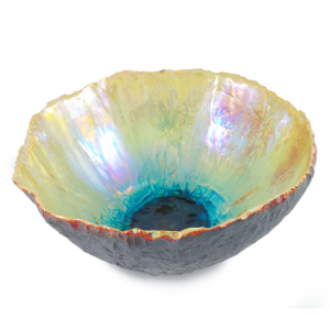 Artisanal Faenza ceramic bowl glazed golden turquoise 27 diam