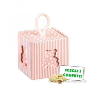 Scatola cubo Portaconfetti rosa Bomboniera Battesimo Bimba Orsetto Mille Righe 5x5x5 cm