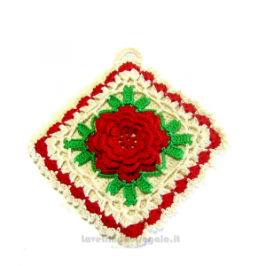 Presina con fiore rosso ad uncinetto 17x17 cm Handmade - Italy