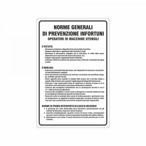 Cartello Norme generali prevenzione infortuni operatori macchine utensili