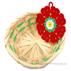 Presina fiore rosso rotonda ad uncinetto con cestino - Handmade - Italy