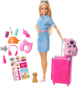 Barbie in Viaggio Bambola Bionda con Cucciolo Valigia che si Apre Adesivi e Accessori Giocattolo per Bambini 3 + Anni FWV25