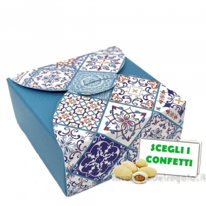 Scatola Portaconfetti blu Bomboniera Matrimonio con decoro Maioliche 5x5x2.5 cm