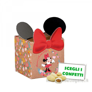 Scatola Portaconfetti Bomboniera Bimba Minnie Flowers Disney con orecchie e fiocco 5x5x5 cm