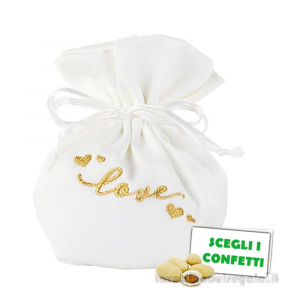Sacchetto Portaconfetti bianco Bomboniera Matrimonio con scritta Love oro 6.5x11.5 cm