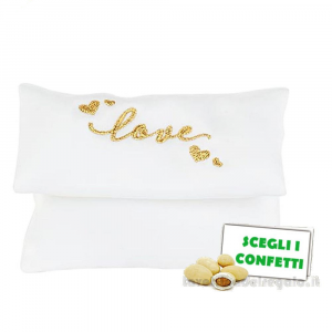 Sacchetto bustina Portaconfetti bianco Bomboniera Matrimonio con scritta Love oro 10x7.5 cm