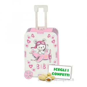 Scatola valigia Portaconfetti rosa Bomboniera Battesimo Bimba linea Trolley in legno 5.5x12 cm