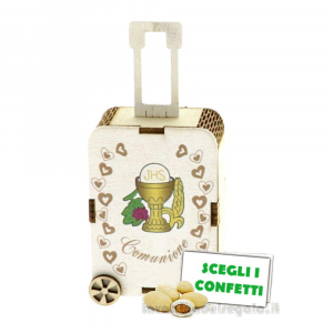 Scatola valigia Portaconfetti Bomboniera Comunione linea Trolley in legno 5.5x12 cm