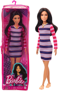Barbie Fashionistas Bambola con Capelli Lunghi Castani Abito a Righe e Accessori