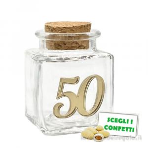 Barattolino portaconfetti in vetro con 50 oro in plexiglass 4x4x5 cm - Contenitori nozze d'oro