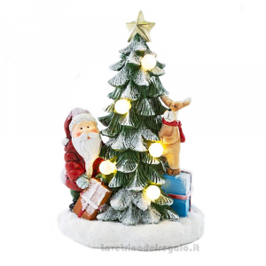 Albero di Natale con Babbo Natale, renna e luci LED in resina 17x13x24.5 cm - Natale