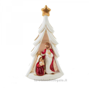 Portacandela Alberello con Natività bianca e rossa in porcellana 22 cm - Natale