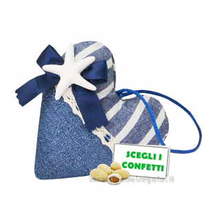 Sacchetto Portaconfetti blu Bomboniera Matrimonio tema Mare Cuore con stella marina 10x10 cm
