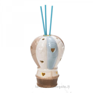 Bomboniera Battesimo Bimbo Profumatore Mongolfiera Celeste con luci LED in porcellana 7x11 cm