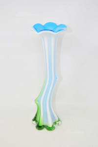 Vaso In Vetro Righe Bianche Azzurro Verde Altezza 31.5 Cm